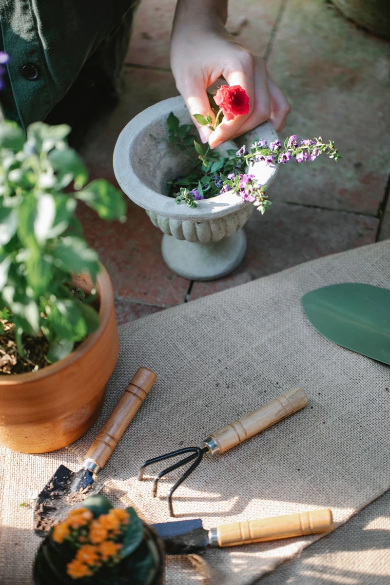 A close on a hand using a set of gardening tools